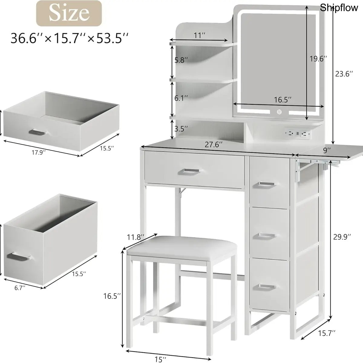 Makeup Vanity Desk with Mirror & Lights, Storage Drawer & Chair, White