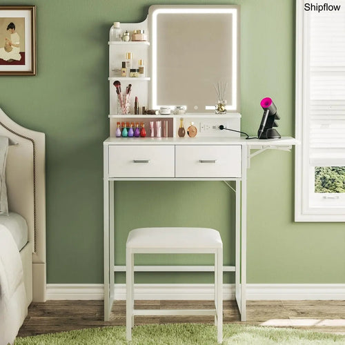 Makeup Vanity Desk with Mirror & Lights, Storage Drawer & Chair, White