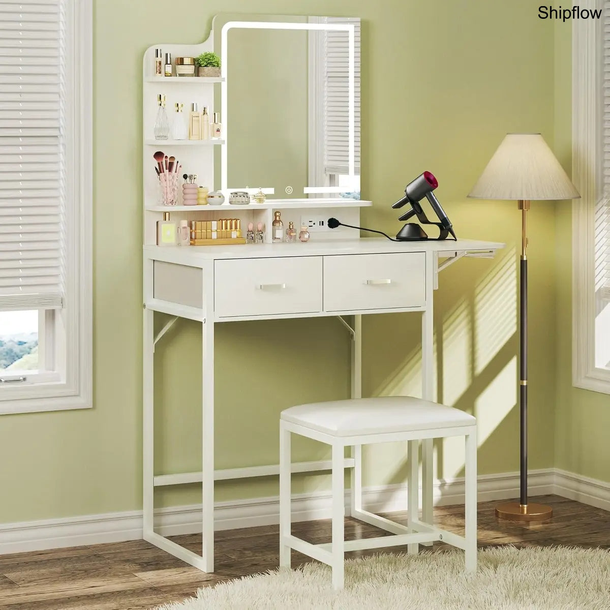 Makeup Vanity Desk with Mirror & Lights, Storage Drawer & Chair, White