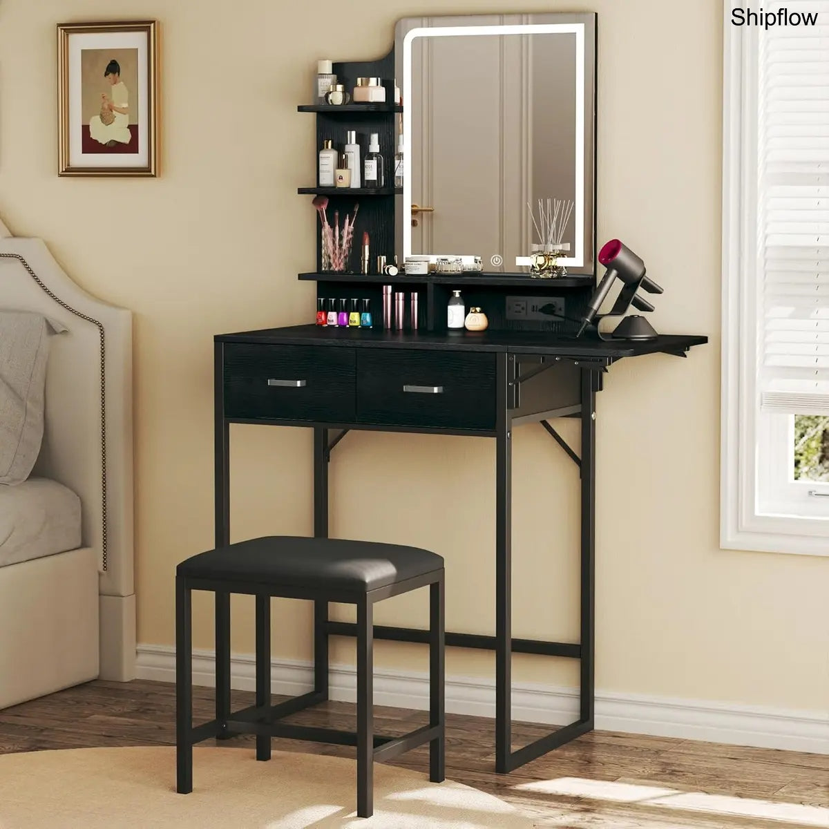 Makeup Vanity Desk with Mirror & Lights, Storage Drawer & Chair, White