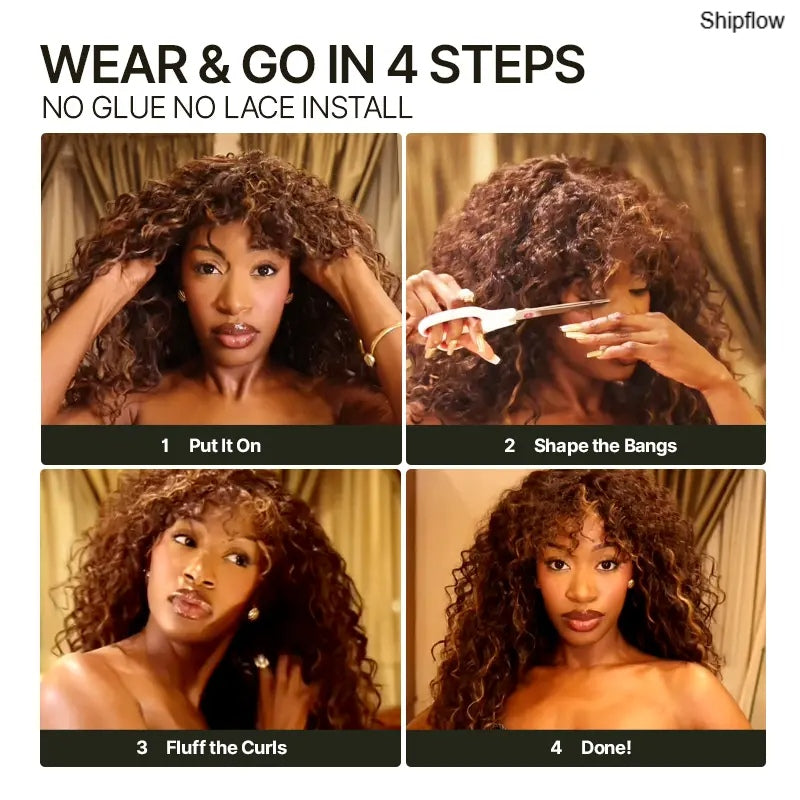 Human Hair Curly Wig with Bangs – Shaggy Waves