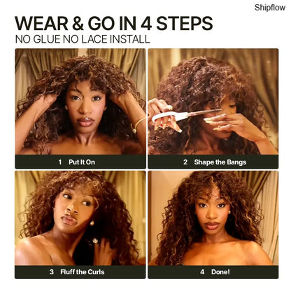 Human Hair Curly Wig with Bangs – Shaggy Waves