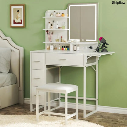 Makeup Vanity Desk with Mirror & Lights, Storage Drawer & Chair, White