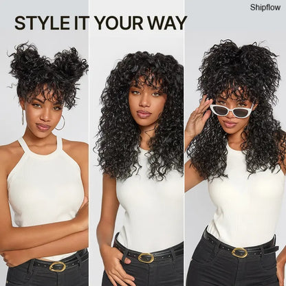 Human Hair Curly Wig with Bangs – Shaggy Waves