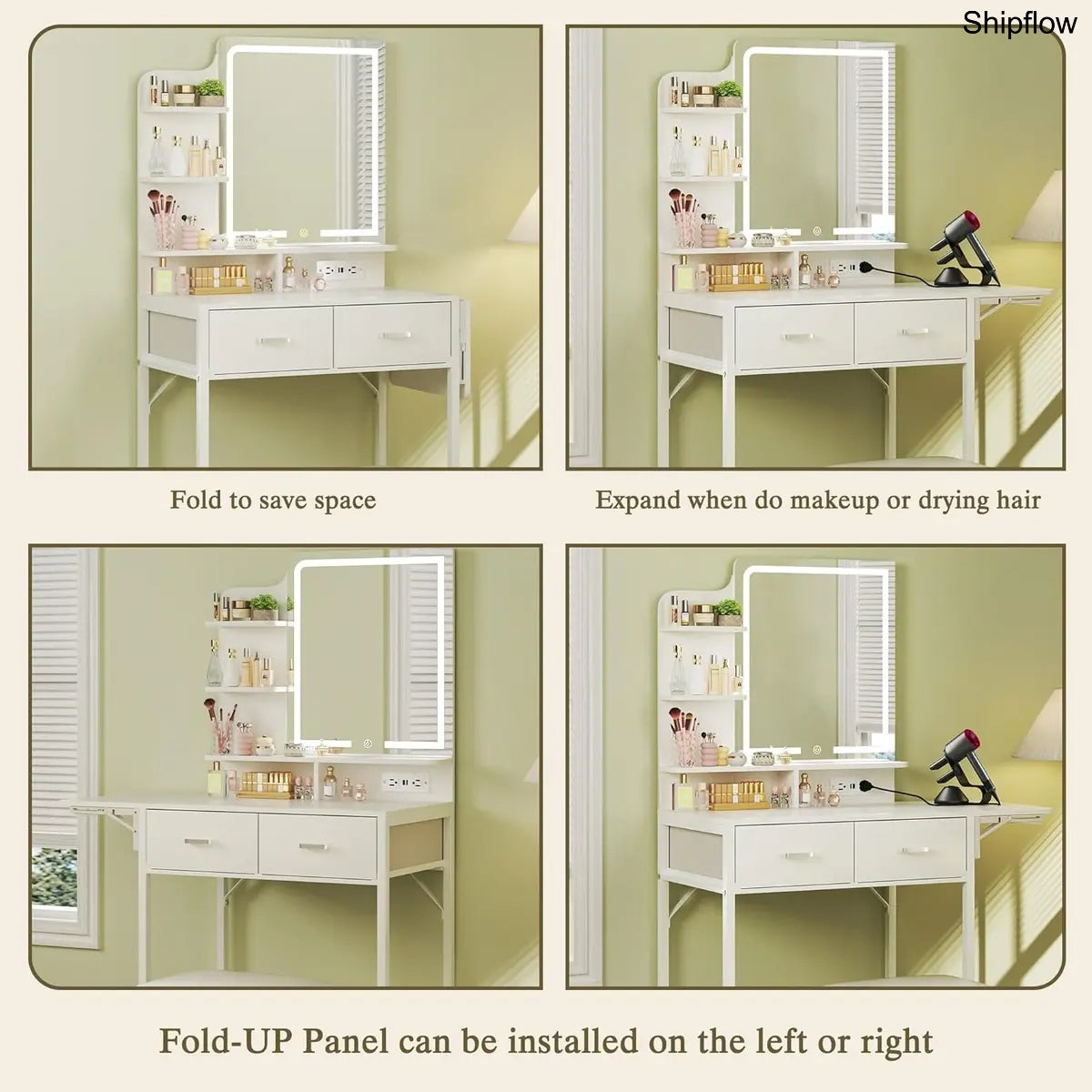 Makeup Vanity Desk with Mirror & Lights, Storage Drawer & Chair, White