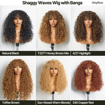 Human Hair Curly Wig with Bangs – Shaggy Waves