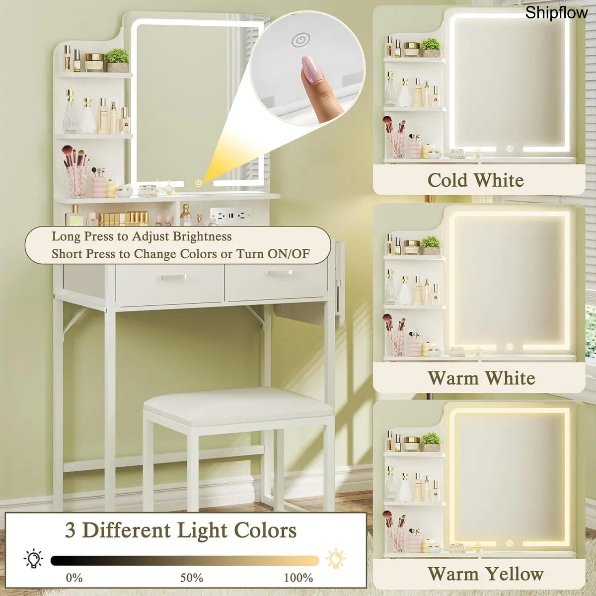 Makeup Vanity Desk with Mirror & Lights, Storage Drawer & Chair, White