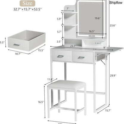 Makeup Vanity Desk with Mirror & Lights, Storage Drawer & Chair, White