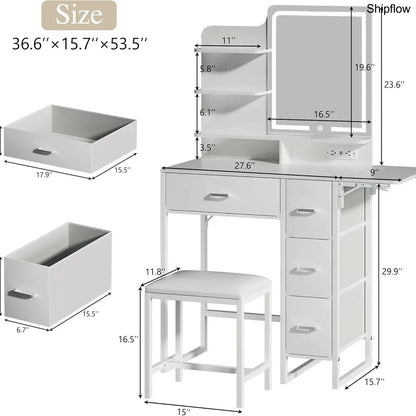 Makeup Vanity Desk with Mirror & Lights, Storage Drawer & Chair, White
